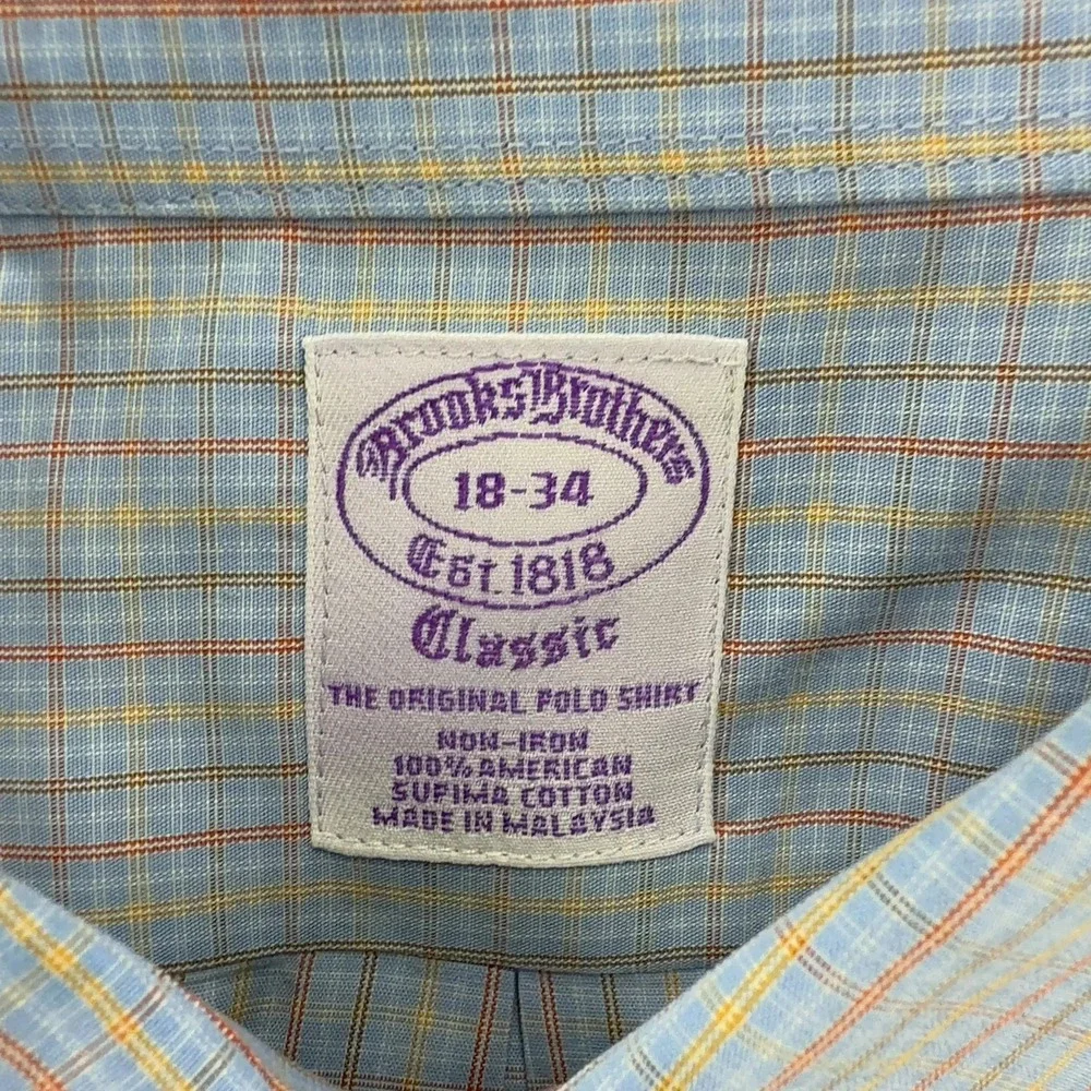 Brooks Brothers Classic Mens 18 34 Blue Plaid Supima Cotton Non Iron Dress Shirt